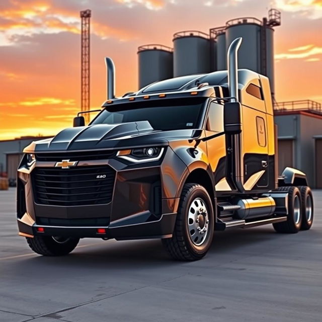 A Chevrolet Camaro designed as a semi-truck, featuring muscular lines, an extended truck bed with a shiny metallic finish, and large, rugged tires