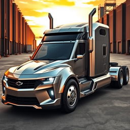A Chevrolet Camaro designed as a semi-truck, featuring muscular lines, an extended truck bed with a shiny metallic finish, and large, rugged tires