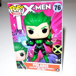 A vibrant Funko Pop figure of Polaris from the X-Men comics, showcasing her iconic green and black costume with metallic accents