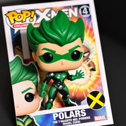 A vibrant Funko Pop figure of Polaris from the X-Men comics, showcasing her iconic green and black costume with metallic accents