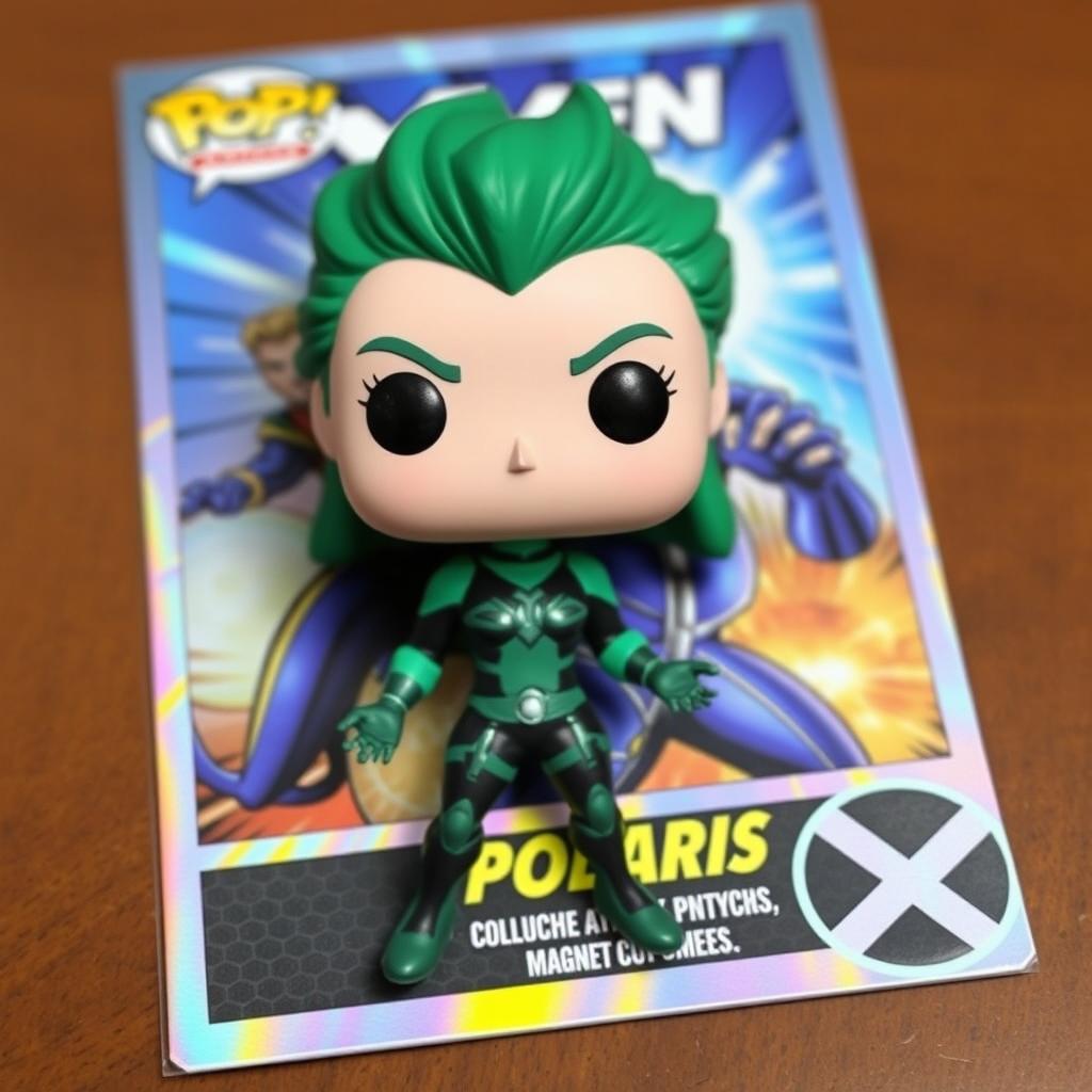 A vibrant Funko Pop figure of Polaris from the X-Men comics, showcasing her iconic green and black costume with metallic accents