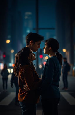 Aidan and Clara deep in a moment of contemplation, standing at a crossroads in a dimly lit urban setting