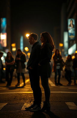 Aidan and Clara deep in a moment of contemplation, standing at a crossroads in a dimly lit urban setting