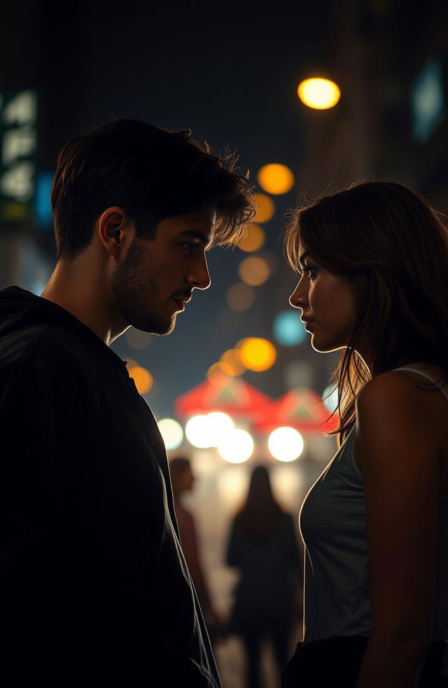 Aidan and Clara deep in a moment of contemplation, standing at a crossroads in a dimly lit urban setting