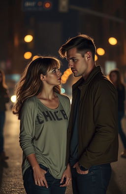 Aidan and Clara deep in a moment of contemplation, standing at a crossroads in a dimly lit urban setting