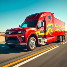 A surreal and imaginative scene depicting a Chevrolet Camaro transformed into a semi-truck