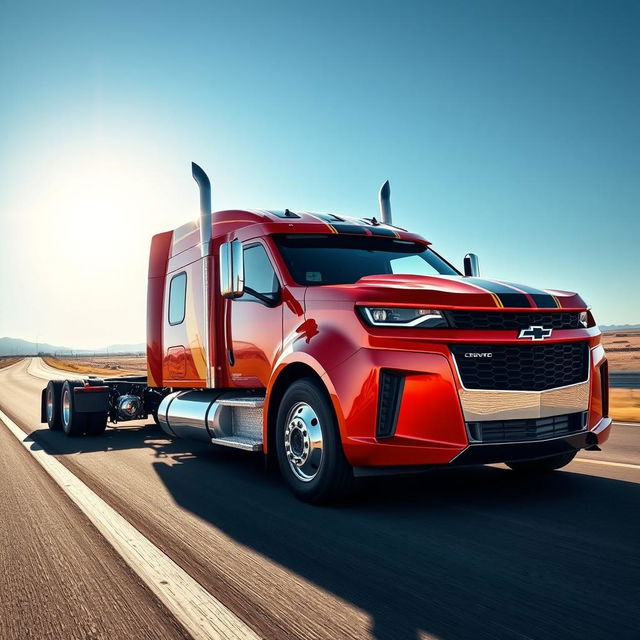 A surreal and imaginative scene depicting a Chevrolet Camaro transformed into a semi-truck