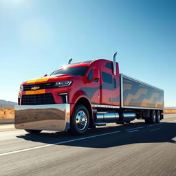 A surreal and imaginative scene depicting a Chevrolet Camaro transformed into a semi-truck