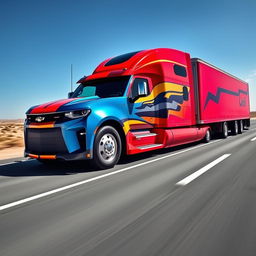 A surreal and imaginative scene depicting a Chevrolet Camaro transformed into a semi-truck