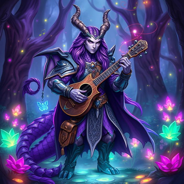 An Amethyst Dragonborn Bard standing confidently in a mystical forest, adorned in shimmering armor with dragon scales that reflect the light in shades of violet and amethyst