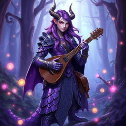 An Amethyst Dragonborn Bard standing confidently in a mystical forest, adorned in shimmering armor with dragon scales that reflect the light in shades of violet and amethyst