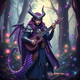 An Amethyst Dragonborn Bard standing confidently in a mystical forest, adorned in shimmering armor with dragon scales that reflect the light in shades of violet and amethyst