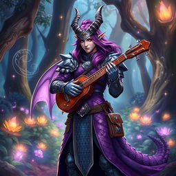 An Amethyst Dragonborn Bard standing confidently in a mystical forest, adorned in shimmering armor with dragon scales that reflect the light in shades of violet and amethyst