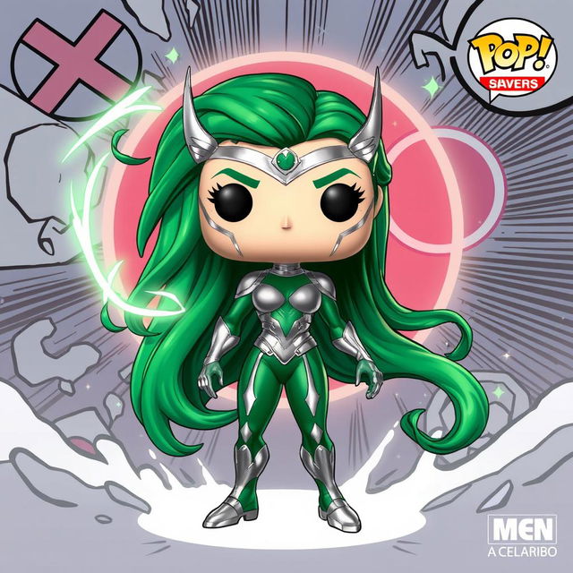 A vibrant and dynamic illustration of Polaris from X-Men, depicted in her iconic green and silver costume, with long green hair flowing elegantly