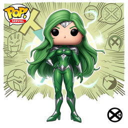 A vibrant and dynamic illustration of Polaris from X-Men, depicted in her iconic green and silver costume, with long green hair flowing elegantly