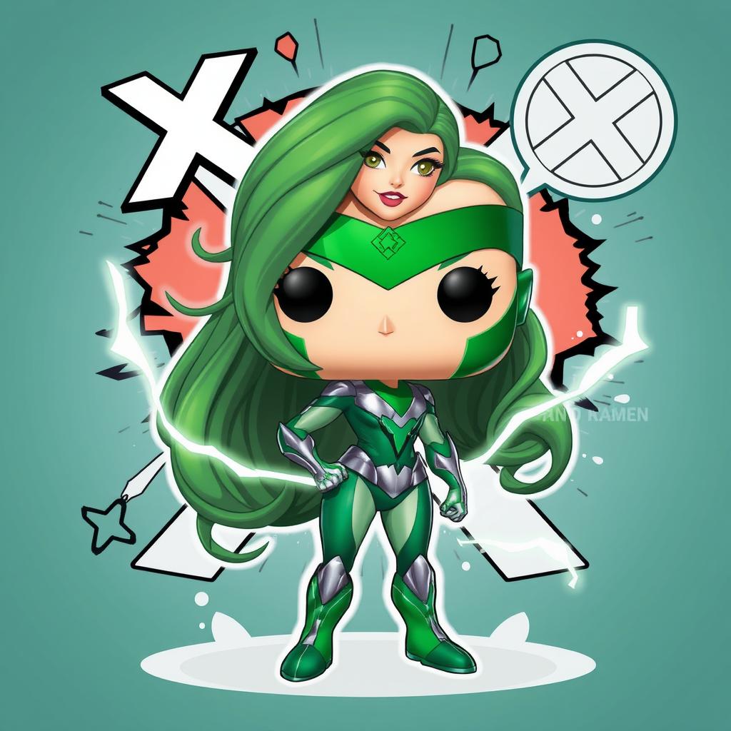 A vibrant and dynamic illustration of Polaris from X-Men, depicted in her iconic green and silver costume, with long green hair flowing elegantly