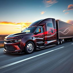 A Chevrolet Camaro transformed into a semi-truck, showcasing the sleek and sporty design elements of the Camaro integrated with the robust and powerful features of a semi-truck