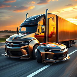 A Chevrolet Camaro transformed into a semi-truck, showcasing the sleek and sporty design elements of the Camaro integrated with the robust and powerful features of a semi-truck
