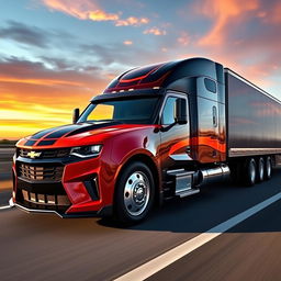 A Chevrolet Camaro transformed into a semi-truck, showcasing the sleek and sporty design elements of the Camaro integrated with the robust and powerful features of a semi-truck