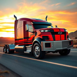 An imaginative depiction of a Chevrolet Camaro transformed into a semi-truck, showcasing bold and dynamic features