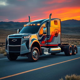An imaginative depiction of a Chevrolet Camaro transformed into a semi-truck, showcasing bold and dynamic features