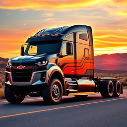 An imaginative depiction of a Chevrolet Camaro transformed into a semi-truck, showcasing bold and dynamic features