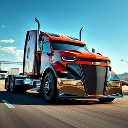 A unique and imaginative concept image of a Chevrolet Camaro designed as a semi-truck