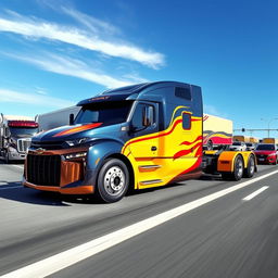 A unique and imaginative concept image of a Chevrolet Camaro designed as a semi-truck