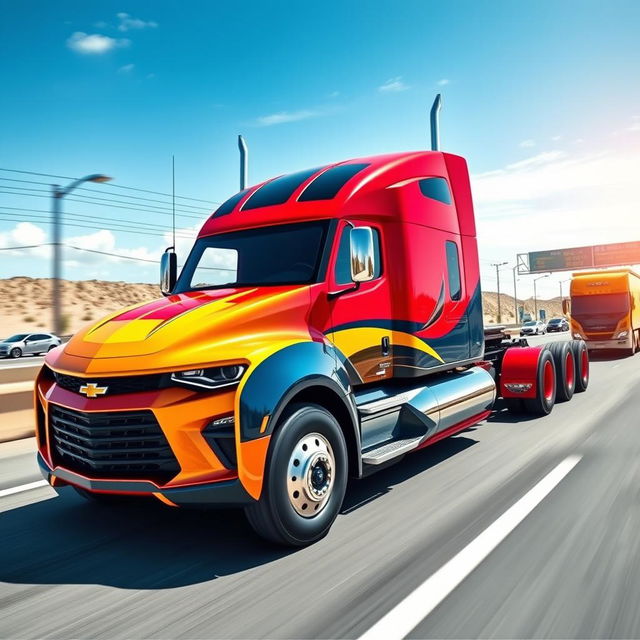 A unique and imaginative concept image of a Chevrolet Camaro designed as a semi-truck