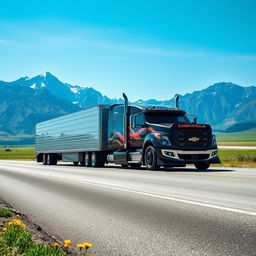 A surreal and imaginative scene featuring a Chevrolet Camaro transformed into a semi-truck