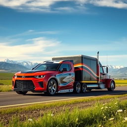 A surreal and imaginative scene featuring a Chevrolet Camaro transformed into a semi-truck