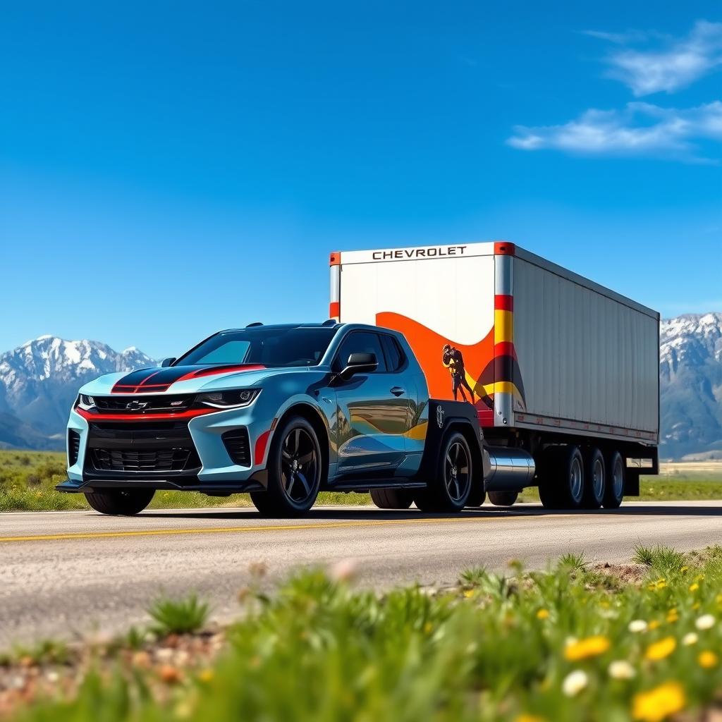 A surreal and imaginative scene featuring a Chevrolet Camaro transformed into a semi-truck