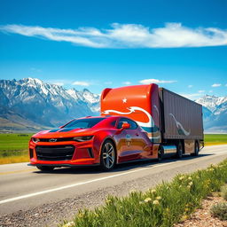 A surreal and imaginative scene featuring a Chevrolet Camaro transformed into a semi-truck