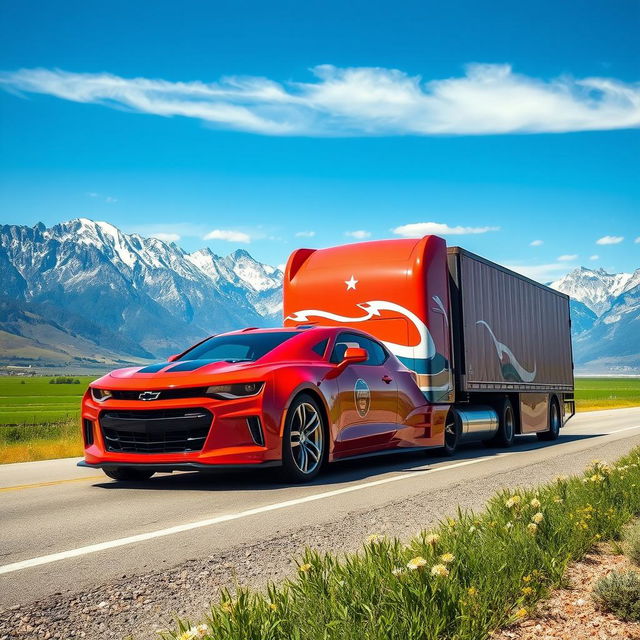 A surreal and imaginative scene featuring a Chevrolet Camaro transformed into a semi-truck