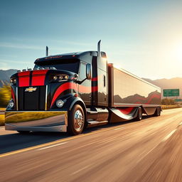 A Chevrolet Camaro transformed into a semi-truck, showcasing its sleek sports car features combined with a powerful truck body