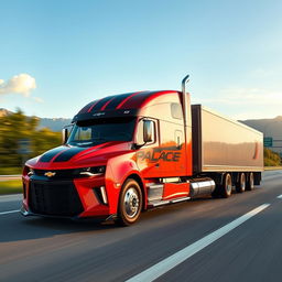 A Chevrolet Camaro transformed into a semi-truck, showcasing its sleek sports car features combined with a powerful truck body