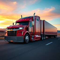 A Chevrolet Camaro transformed into a semi-truck, featuring a sleek, muscular design that retains the iconic Camaro front façade and aggressive styling, with a long semi-truck trailer attached