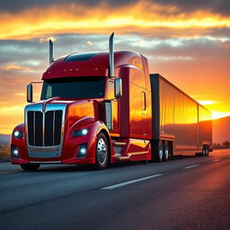 A Chevrolet Camaro transformed into a semi-truck, featuring a sleek, muscular design that retains the iconic Camaro front façade and aggressive styling, with a long semi-truck trailer attached