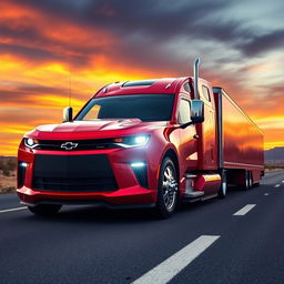 A Chevrolet Camaro transformed into a semi-truck, featuring a sleek, muscular design that retains the iconic Camaro front façade and aggressive styling, with a long semi-truck trailer attached