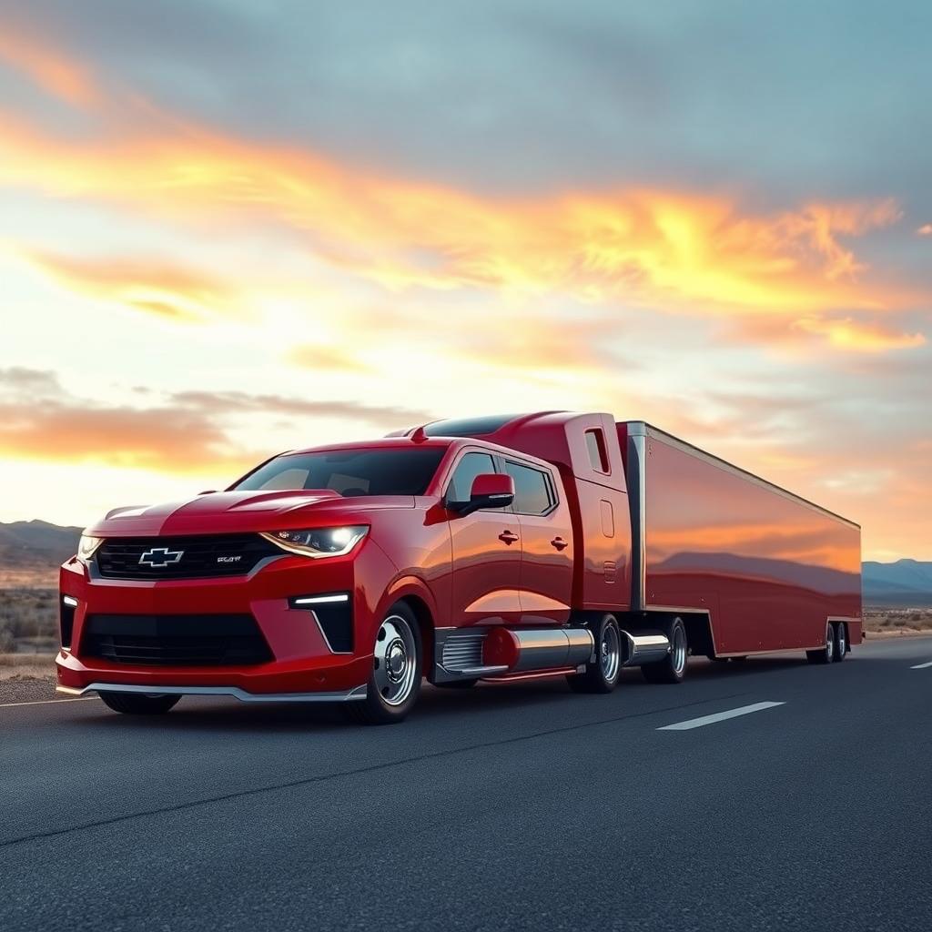 A Chevrolet Camaro transformed into a semi-truck, featuring a sleek, muscular design that retains the iconic Camaro front façade and aggressive styling, with a long semi-truck trailer attached