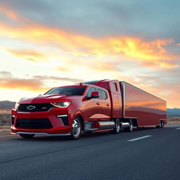 A Chevrolet Camaro transformed into a semi-truck, featuring a sleek, muscular design that retains the iconic Camaro front façade and aggressive styling, with a long semi-truck trailer attached