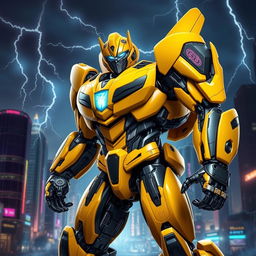 A dynamic and powerful depiction of Bumblebee, the beloved Transformer, as a Prime
