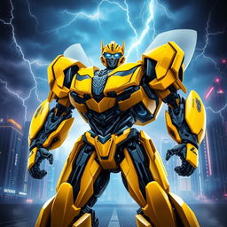 A dynamic and powerful depiction of Bumblebee, the beloved Transformer, as a Prime