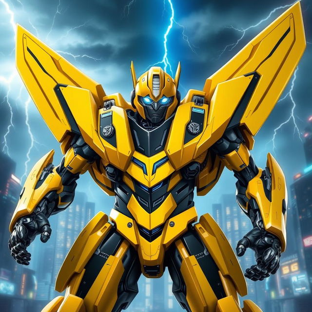 A dynamic and powerful depiction of Bumblebee, the beloved Transformer, as a Prime