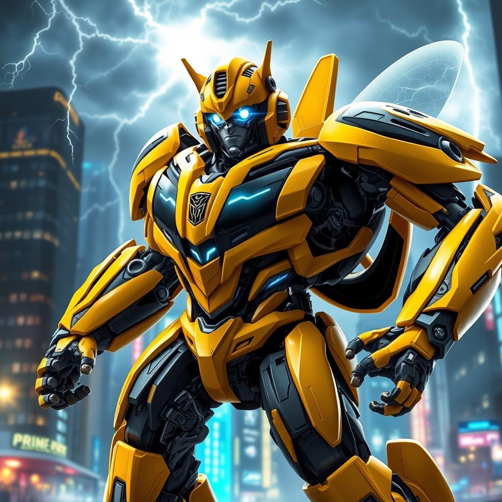 A dynamic and powerful depiction of Bumblebee, the beloved Transformer, as a Prime