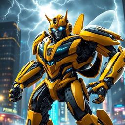 A dynamic and powerful depiction of Bumblebee, the beloved Transformer, as a Prime