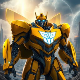 A dynamic portrayal of Bumblebee from the Transformers universe as a heroic Prime