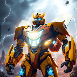 A dynamic portrayal of Bumblebee from the Transformers universe as a heroic Prime