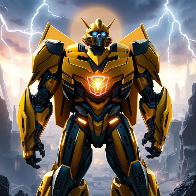 A dynamic portrayal of Bumblebee from the Transformers universe as a heroic Prime