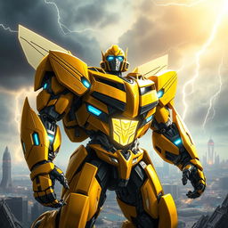 A dynamic portrayal of Bumblebee from the Transformers universe as a heroic Prime